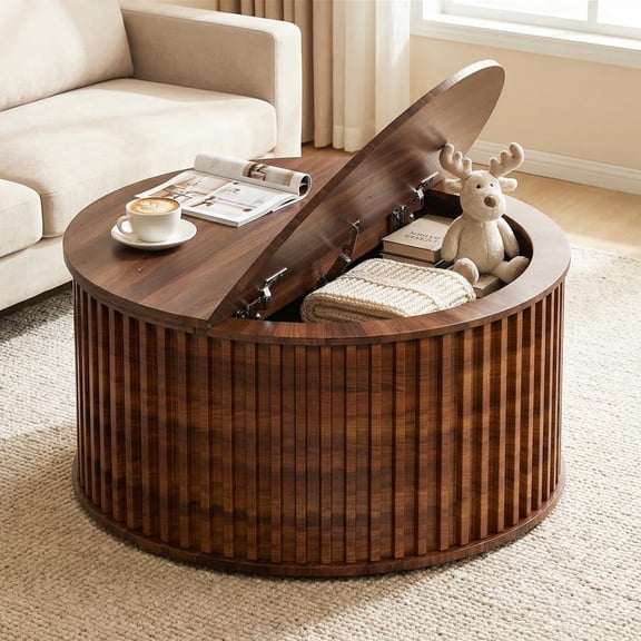 Walnut Round Coffee Table with Flip Top Storage, 35.43 Mid-Century Modern