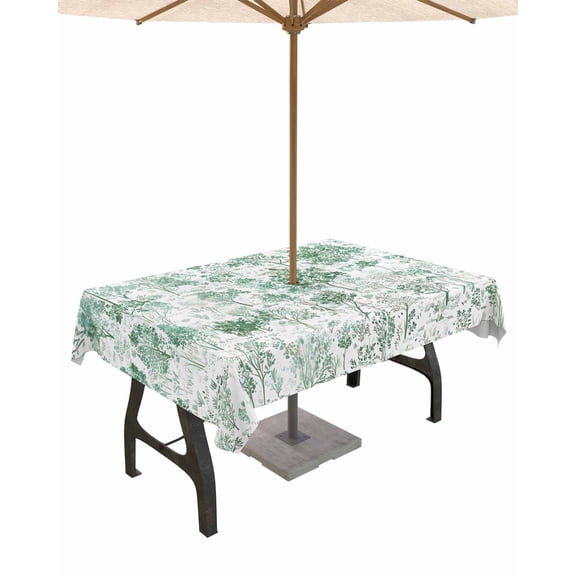 Boanket Outdoor Tablecloth with Umbrella Hole for Patio/Picnic/Party/Camping, Forest Green Waterproof Table Cloth Rectangle Table Cover Washable, Watercolor Plants Maple Pine Tree Scenery (60"x 102")