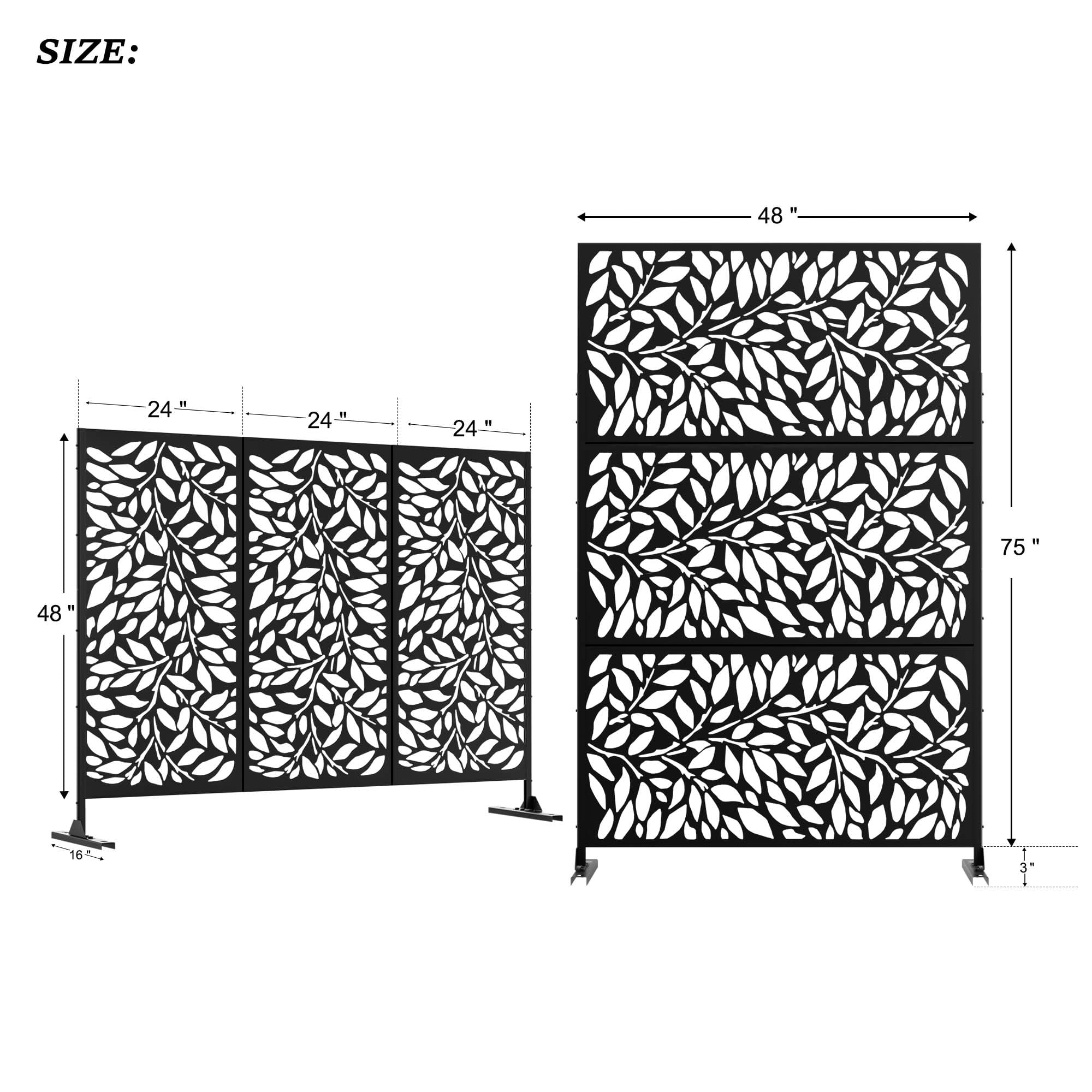 MAYEERTY Black Galvanized Metal Privacy Screen, Outdoor Garden Patio, 72×47×16in