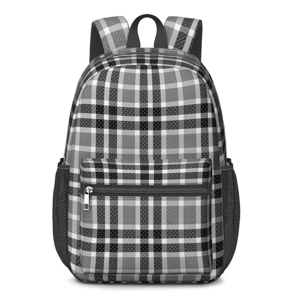 Gray and Black Checkered Pattern 17" School Backpacks for Teens,Waterproof Oxford Fabric,S-Shape Padded Straps for School,Travel,Hiking,Camping