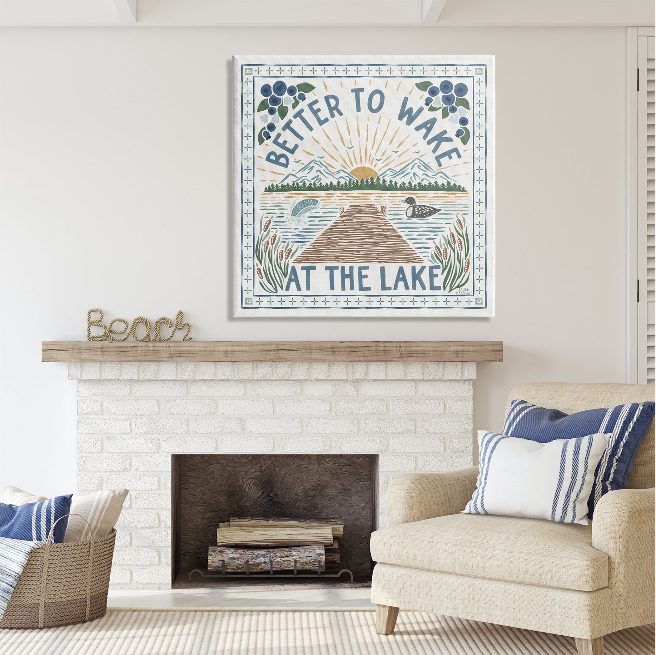 Stupell Industries Wake at Lake Phrase Nature Painting Gallery Wrapped Canvas Print Wall Art, 36 x 36