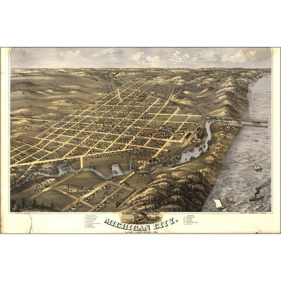 24"x36" Gallery Poster, birdseye view map of Michigan City, LaPorte Co, Indiana 1869 P1
