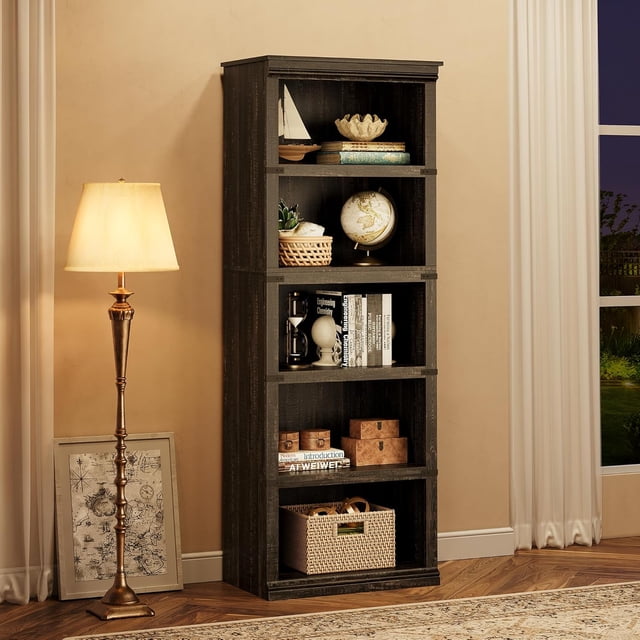 Historyli Estantería de 5 Niveles, Librería Estilo Rústico, Estante Alto de 67.4" (171 cm) con Almacenamiento, Estantes de Madera para Sala de Estar, Oficina en Casa, Roble Oscuro
