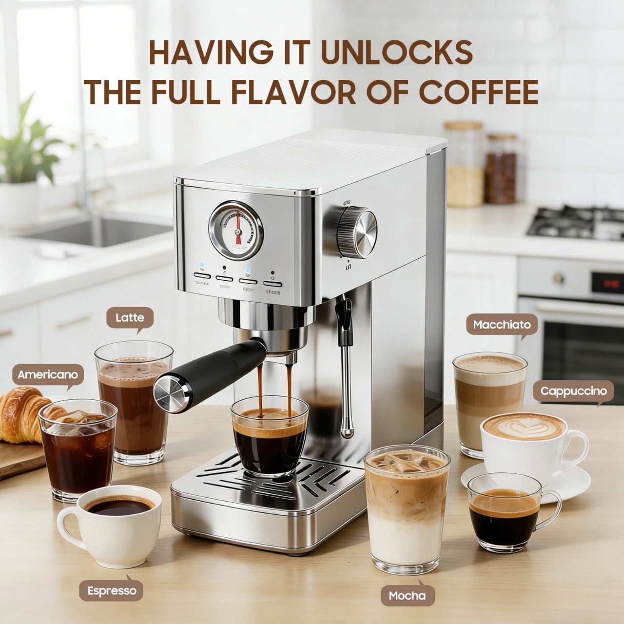 Espresso Machine, 20 Bar Visible High Pressure Gauge, 47 OZ Water Tank with Milk Frorther Silver, Automatic Stainless Steel Espresso Maker, Gift for Coffee Machine Enthusiasts