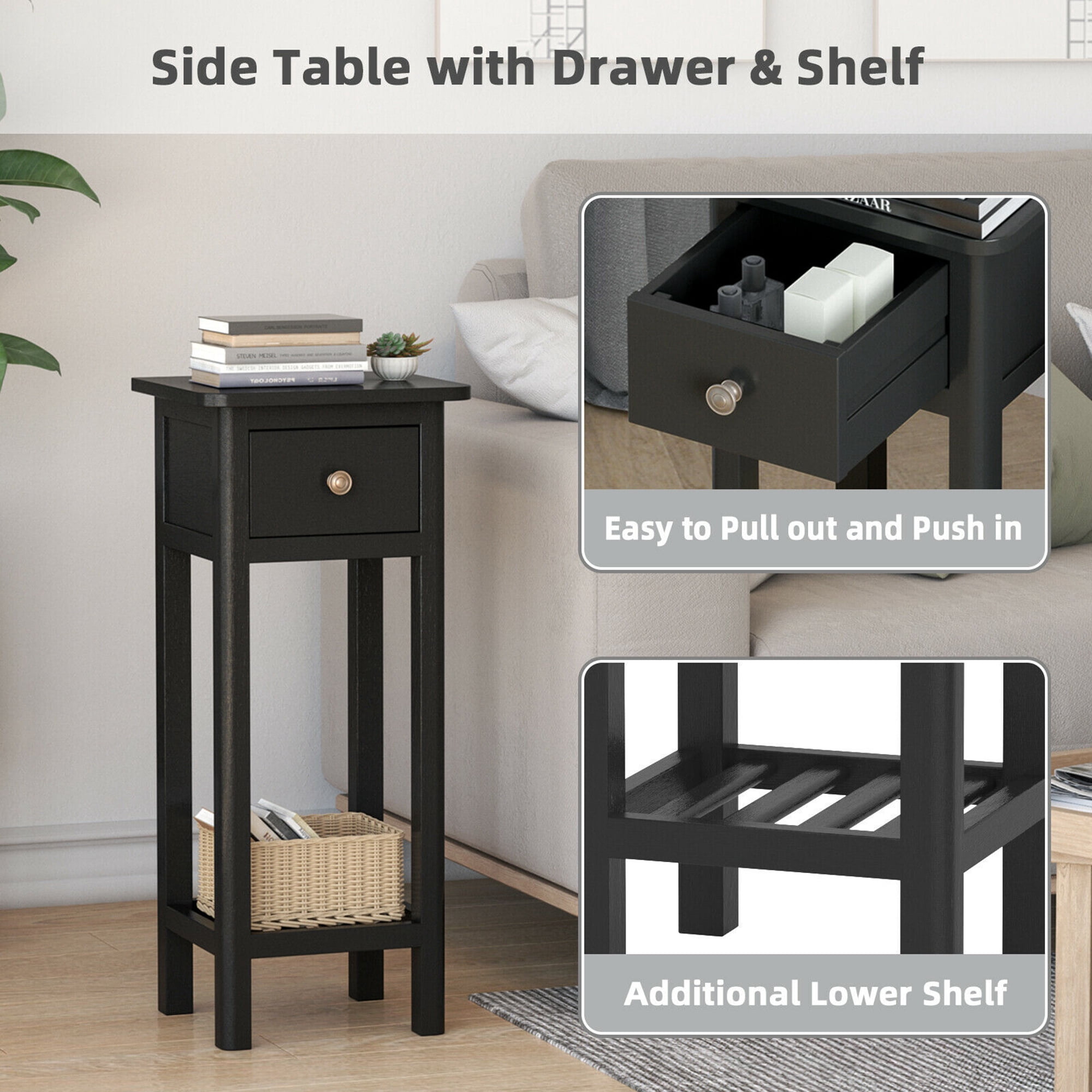 Gymax Acacia Wood Side Table with Drawer, Black