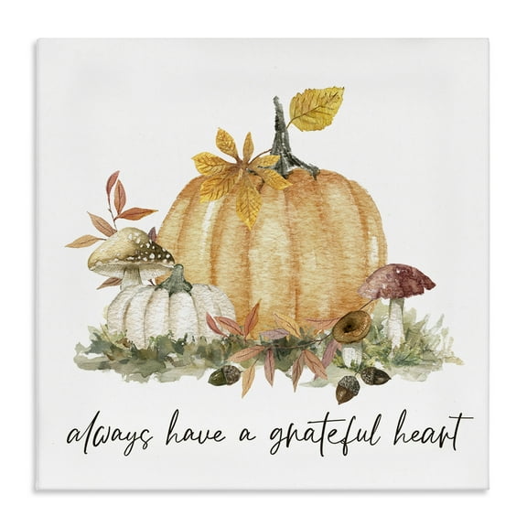Stupell Industries Grateful Heart Pumpkin Botanical & Floral Painting Gallery Wrapped Canvas Art Prints Wall Art, 17 x 17