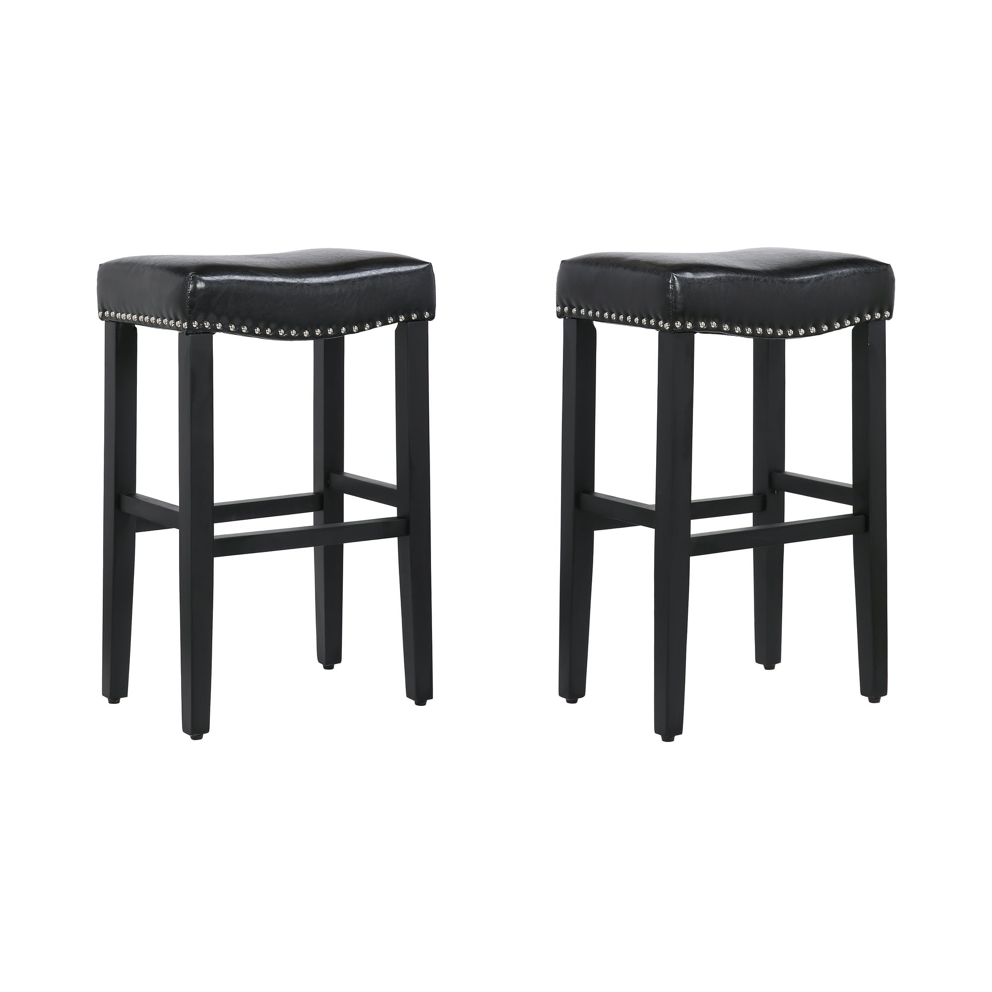 WestinTrends Black Bar Stools Set of 2, 29 Inch Tall Farmhouse Kitchen  Wooden Saddle Stool Chair, Leather Upholstered Cushion with Solid Wood Leg 