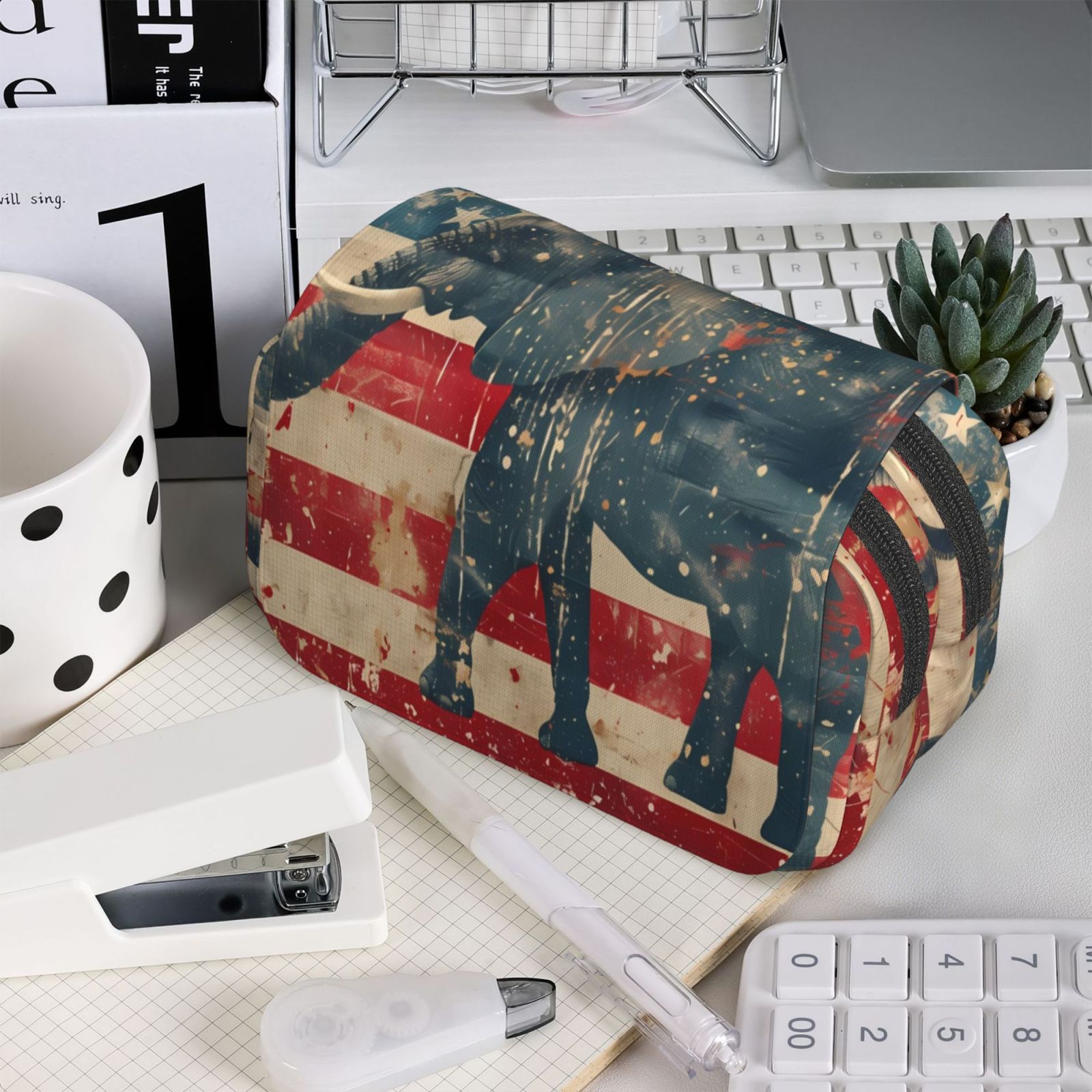 Rateoe Vintage American Flag Elephant Pattern Double Clamshell Pen Case, Storage Organizer with Two Zipper Compartments– Holds Up to 50 Pencils & Pens