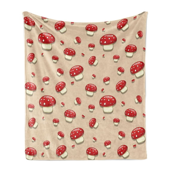 Mushroom Soft Flannel Fleece Throw Blanket, Amanita Toxic Mushroom Illustration Spotted Summer Season Woodland Forest, Cozy Plush for Indoor and Outdoor Use, 50" x 70", Ivory Red Tan, by Ambesonne