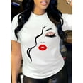 thumbnail image 2 of Women's Casual Crew Neck T-Shirt with Lip & Eyelash Print, 100% Polyester Knit Fabric, Casual Portrait Graphic Tee, Regular Length for All Seasons, 2 of 6
