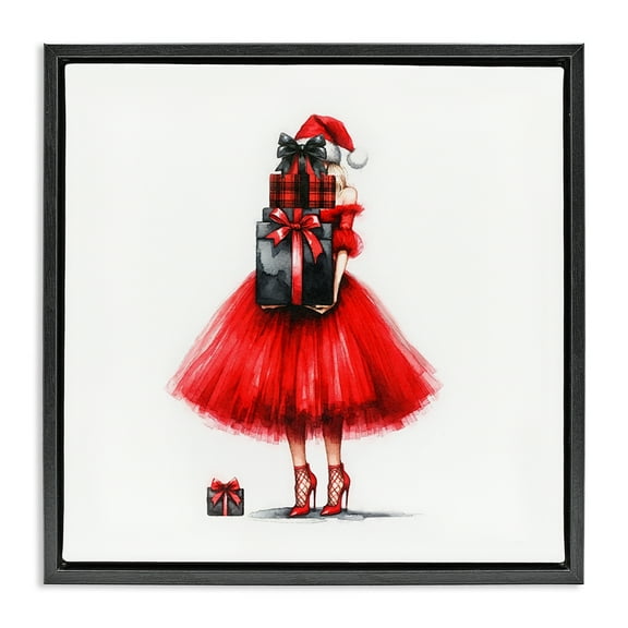Stupell Industries Chic Christmas Gal Holiday Painting Black Floater Framed Canvas Art Prints Wall Art, 18 x 18