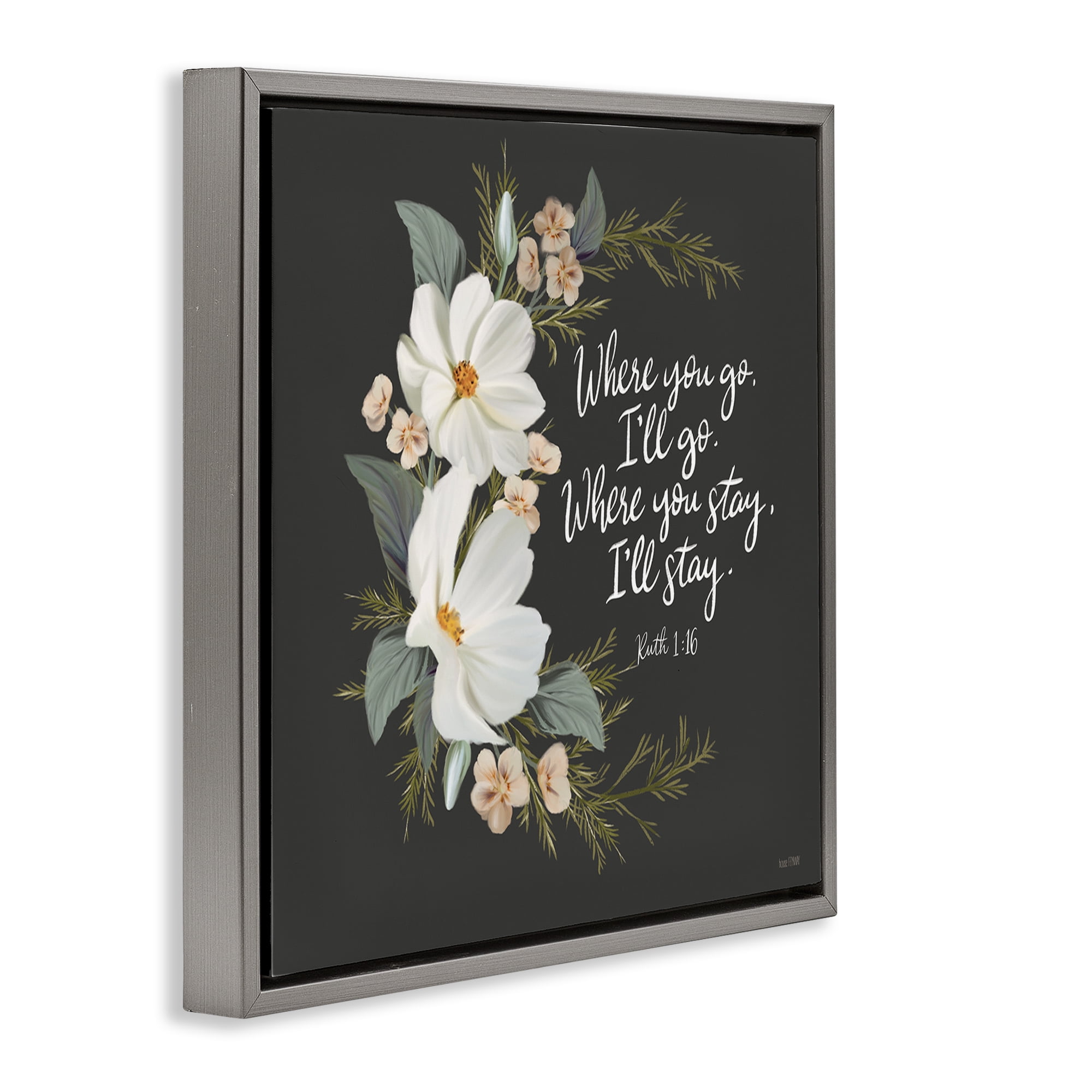 Stupell Industries Spiritual Scripture with Florals Plants & Flowers Painting Gray Floater Framed Canvas Art Print Wall Art, 18 x 18