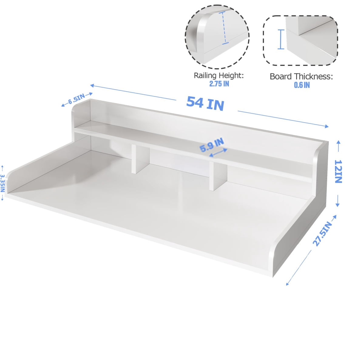 Wood 2-Tier Washer Dryer Countertop with 2.75" H Guard Rails, 54" W x 27.5" D Washer Dryer Topper with Non-Slip Pads for Laundry Room Organization and Storage, White