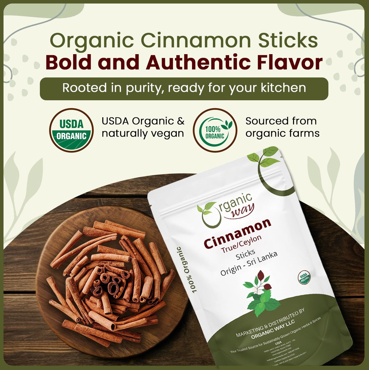 Organic Way True Ceylon Cinnamon Sticks (Cinnamomum Verum) - Adds Flavour | Organic & Kosher Certified | Raw, Vegan, Non GMO & Gluten Free | USDA Certified | Origin - Sri Lanka (1LBS / 16Oz)