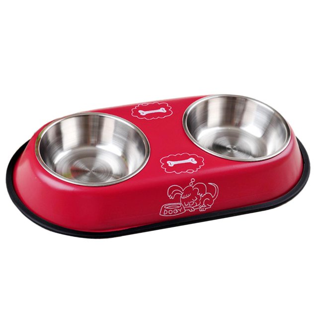 Tazón doble para mascotas Perro Gato doble Alimentador de agua de material acero inoxidable grande / pequeño Rojo l