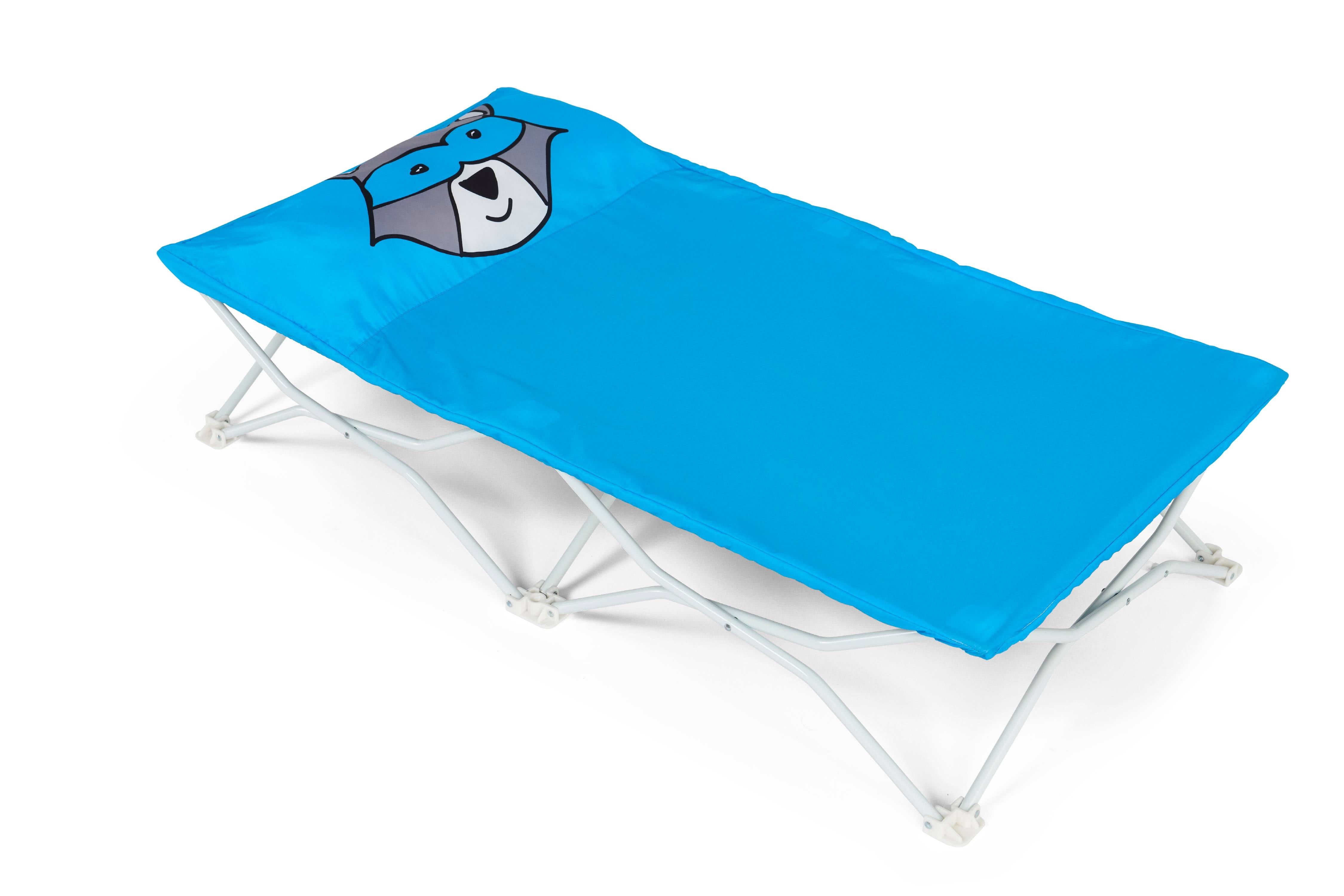 Regalo My Cot Portable Raccoon Toddler Bed with Blue Sheet Set