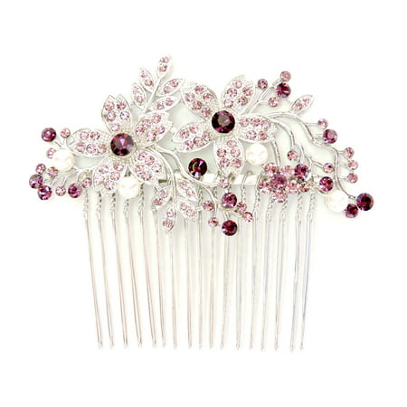 Hair Comb Gorgeous Amethyst Color Purple Crystal Pearl Floral Wedding Party