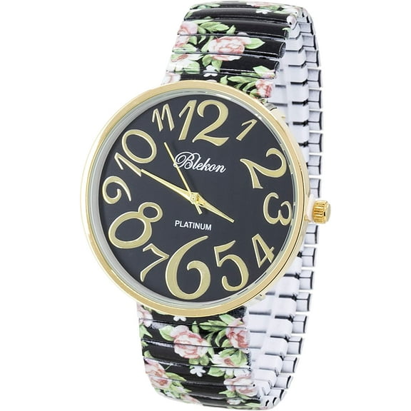 Blekon Collections Adult Female's XL 41mm Floral Wrist Watch,White/Black Stretch Band