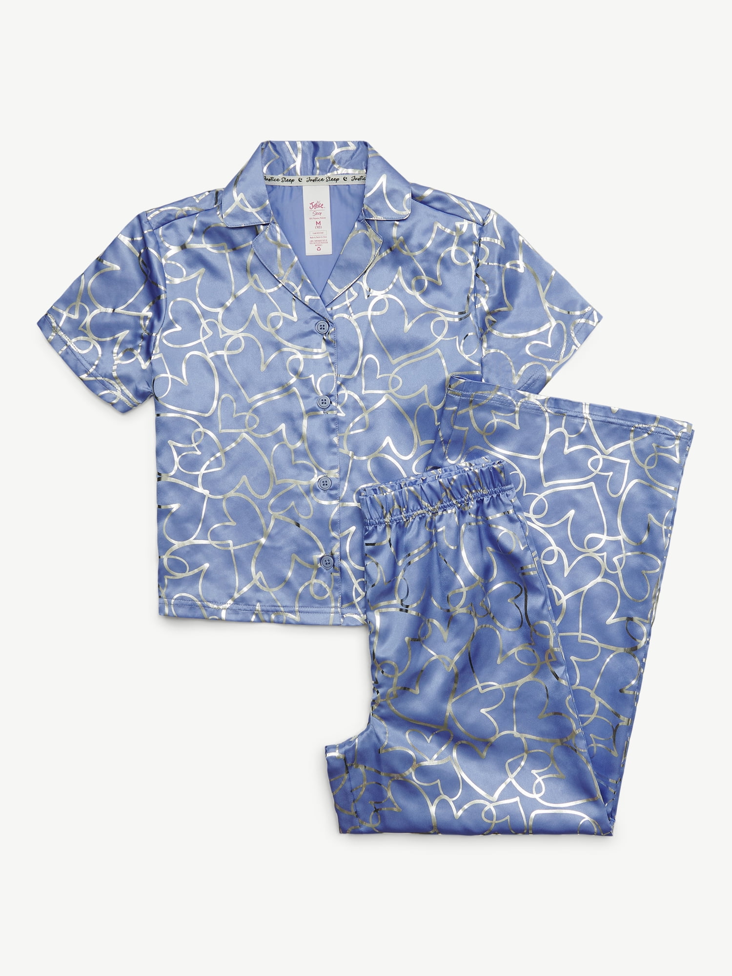 Justice Girls Satin Short Sleeve Button Front Sleep Top and Sleep Pants, 2-Piece, Sizes 5-18 & Plus