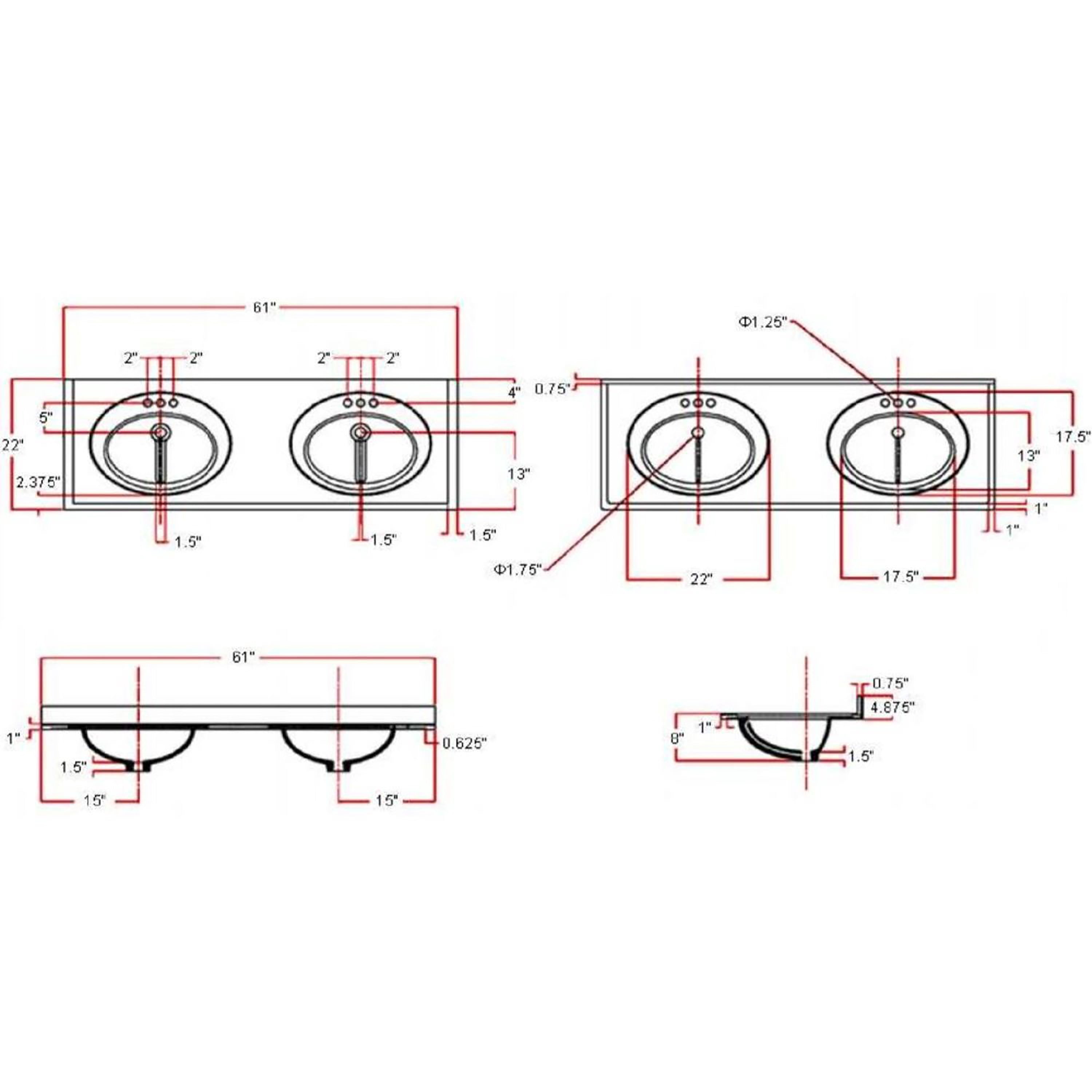 Design House 61" x 22" Cultured Marble Ivory Swirl Double Sink Vanity Top with Backsplash and Pre-Drilled 4" Centersets