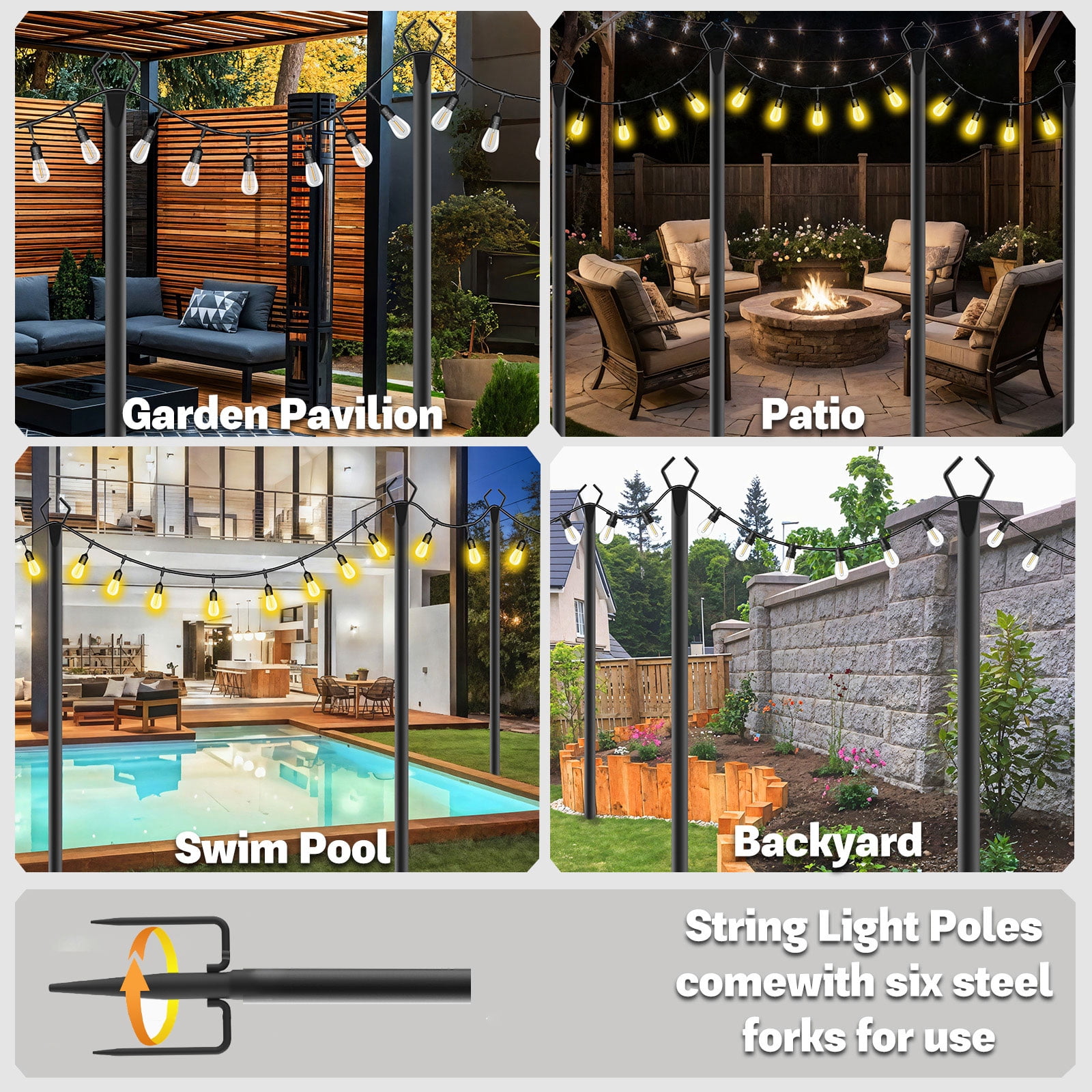 10Ft 6 Pack String Light Poles ,Light Poles for Outside Lights,Outdoor with Fence Brackets Hanging Lights,Metal Stand Deck Patio Backyard