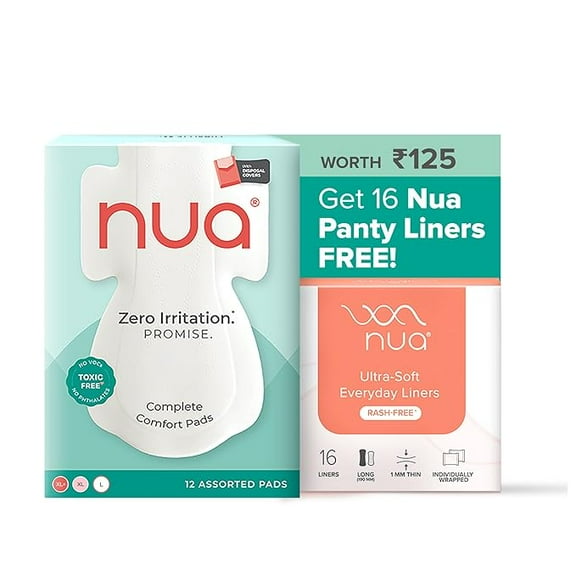 Nua Complete Comfort Sanitary Pads Combo | 12 Pads for Day (3XL , 5XL, 4L)   16 Free Panty Liners | Zero Irritation | 4x Comfort Ultra-Thin & Breathable