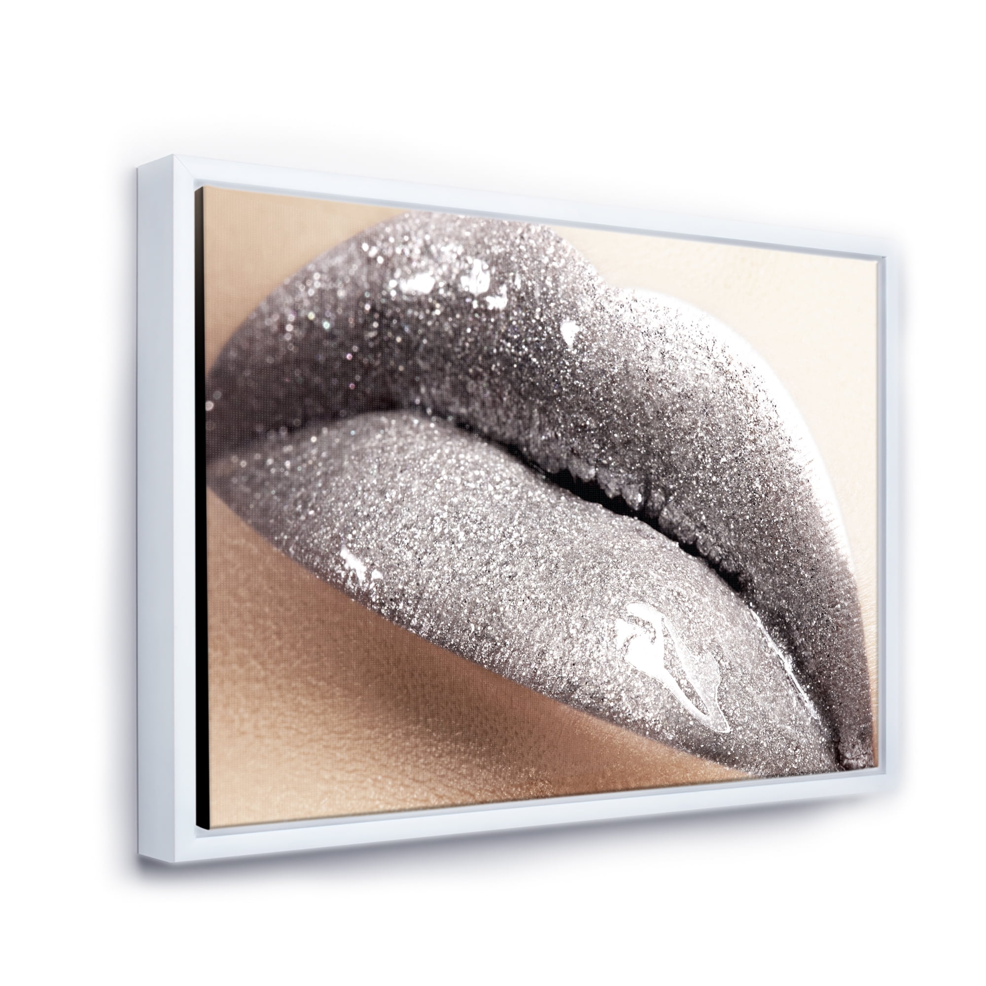 Close Up of Female Lips With Glittering Silver 32 in x 16 in Framed Painting Canvas Art Print, by Designart