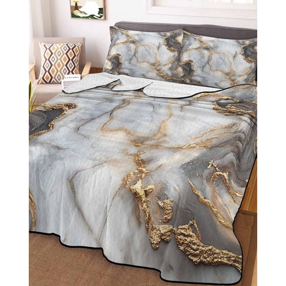 Marble White Gold Queen Size Down Alternative Comforter, Lightweight Comforter Quilt Bedding Set with Pillow Shams Abstract Modern Geometric Printed All Seasons Bed Comforter Duvet Insert 90"x96"
