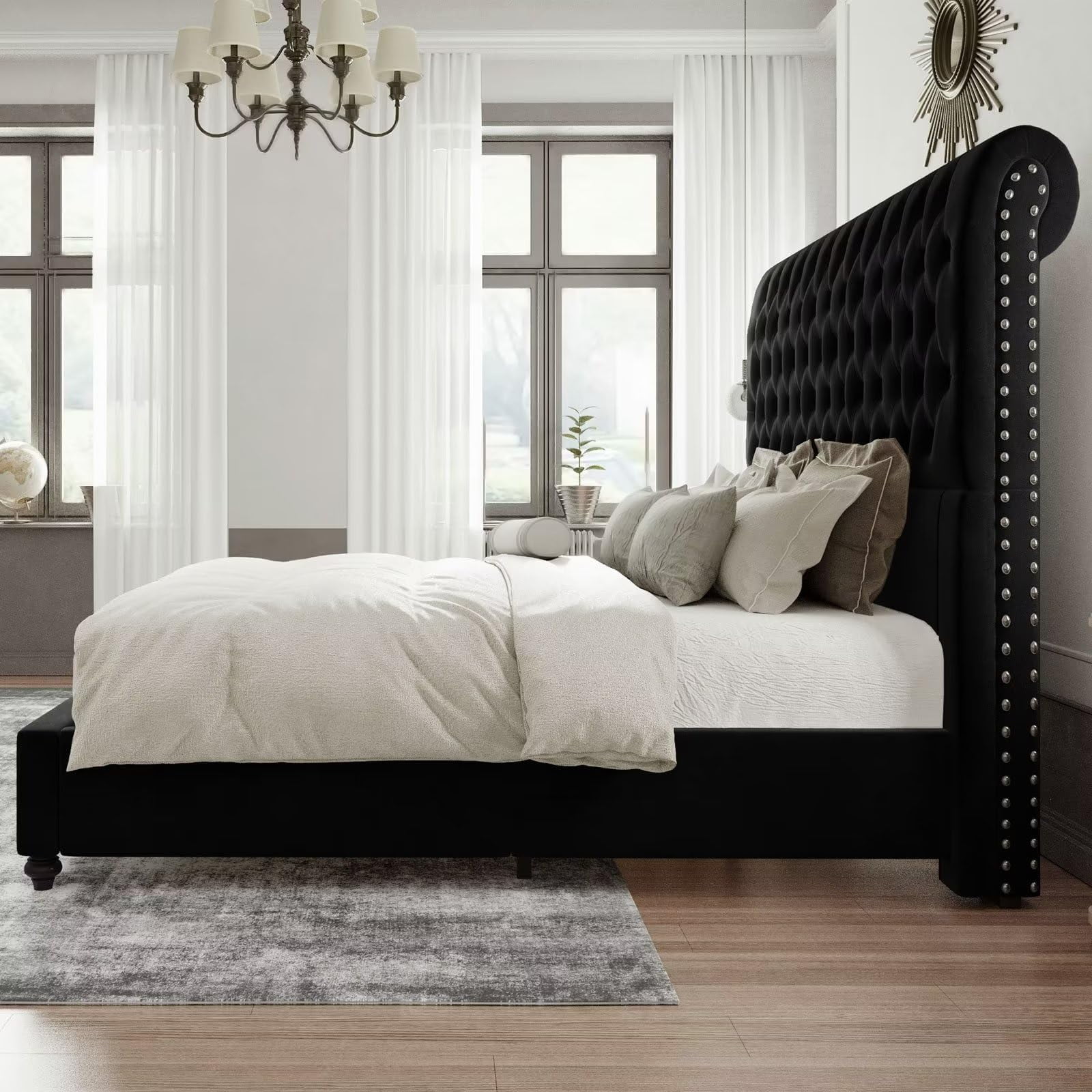 Merluxy Queen Platform Bed Frame with Velvet Upholstered,Button Tufted 52.8" Tall Sleigh Headboard,Black