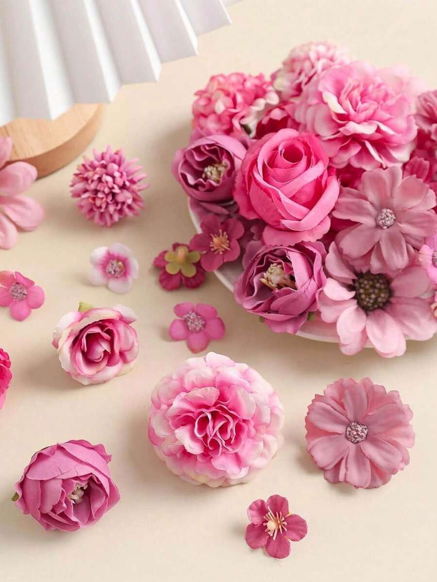 80pcs Pink Mini Artificial Flower Heads, Silk Artificial Plum Blossom Heads, Fake Peony Rose Daisy Flower Heads, For DIY Wreath,Cake,Wedding,Party,Graduation, Hat, Shoes,Vase Decor, Autumn Decoration