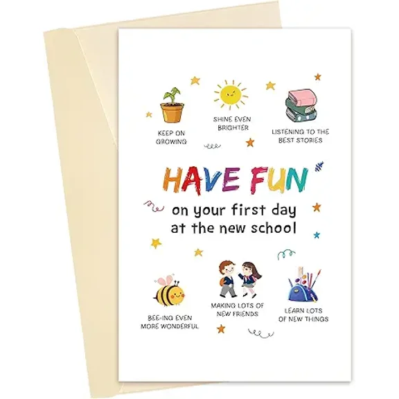 Back to School Card – “Have Fun on Your First Day at the New School” Fun Design – Envelope Included, Blank Inside – Perfect Encouragement for Kids
