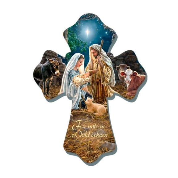 Glow Decor 8" Brown and Blue Biblical Quoted Holy Family Christmas Wall Cross