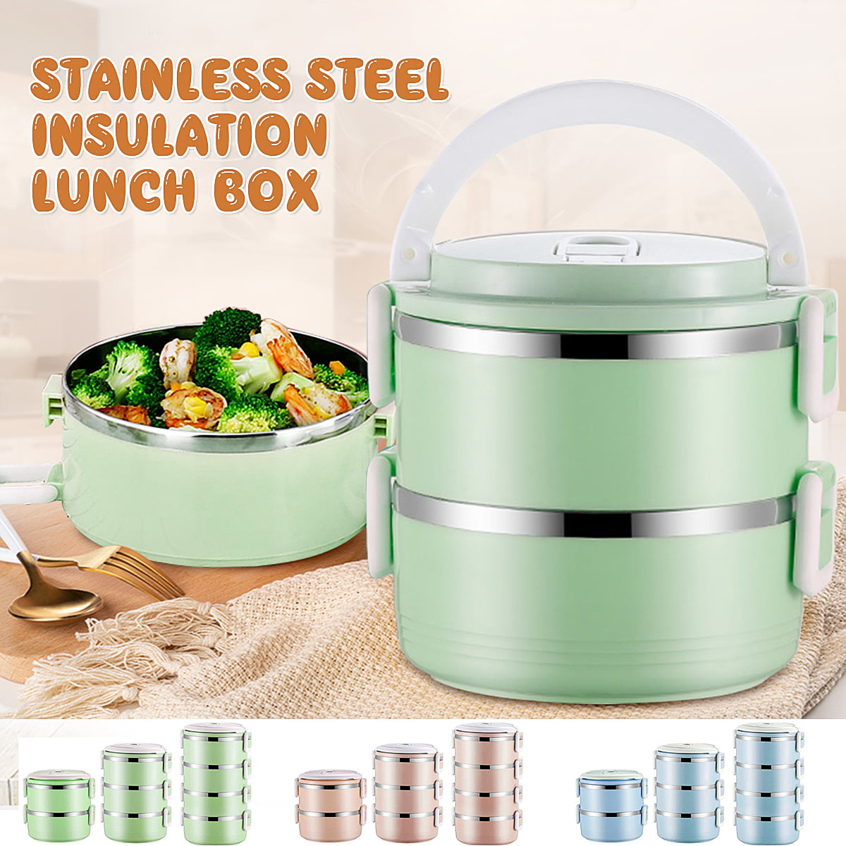 Stainless Steel Thermal Insulated Lunch Box Food Container Bento Round Large