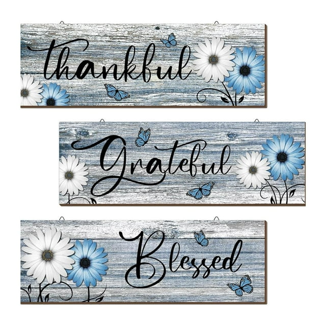 3 piezas de letreros rústicos de madera para colgar en la pared, decoración de pared con margaritas y flores. Azul Blanco