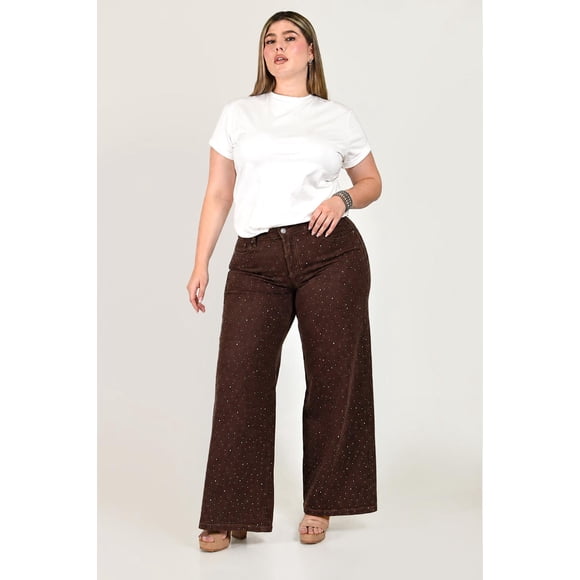 Jeans Wide Leg con pedreria /Tallas Extras, 576 (Cafe) cafe 40