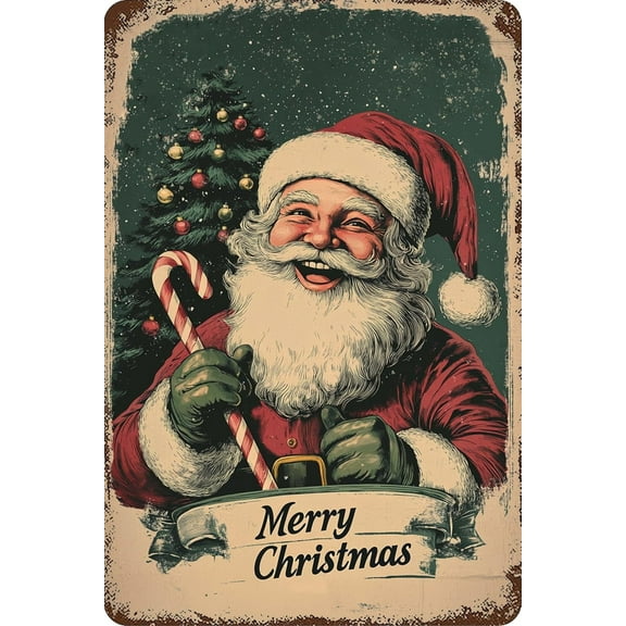 Vintage Santa Claus Merry Christmas Metal Sign Round Aluminum Wall Decor for Home Kitchen Office Holiday Decoration 8x12 Inch Rustic Retro Holiday Art