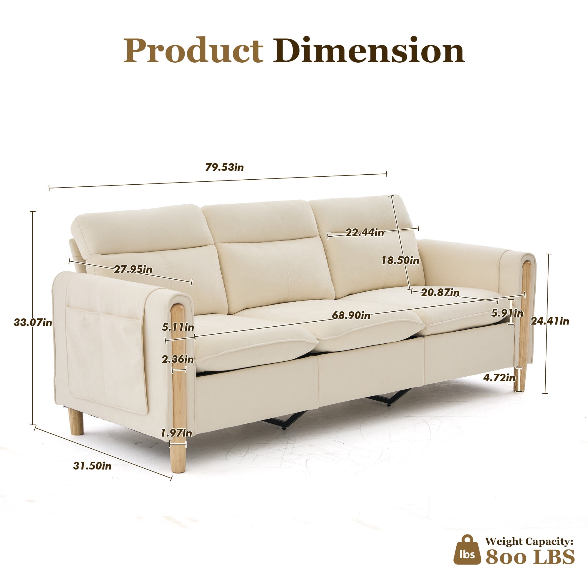 MOONMISS 3-Seater Chenille Sectional Sofa with Side Pocket for Living Room,Beige