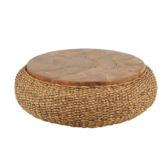 DecMode 47" x 15" Brown Rattan Wrapped Coffee Table with Teak Tabletop, 1-Piece