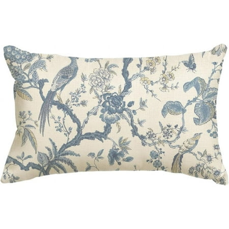 Chinoiserie Trees and Birds Blue and White Throw Pillow Cover 12 x 20 Inch Cushion Case Outdoor Decoration for Sofa Couch Farmhouse