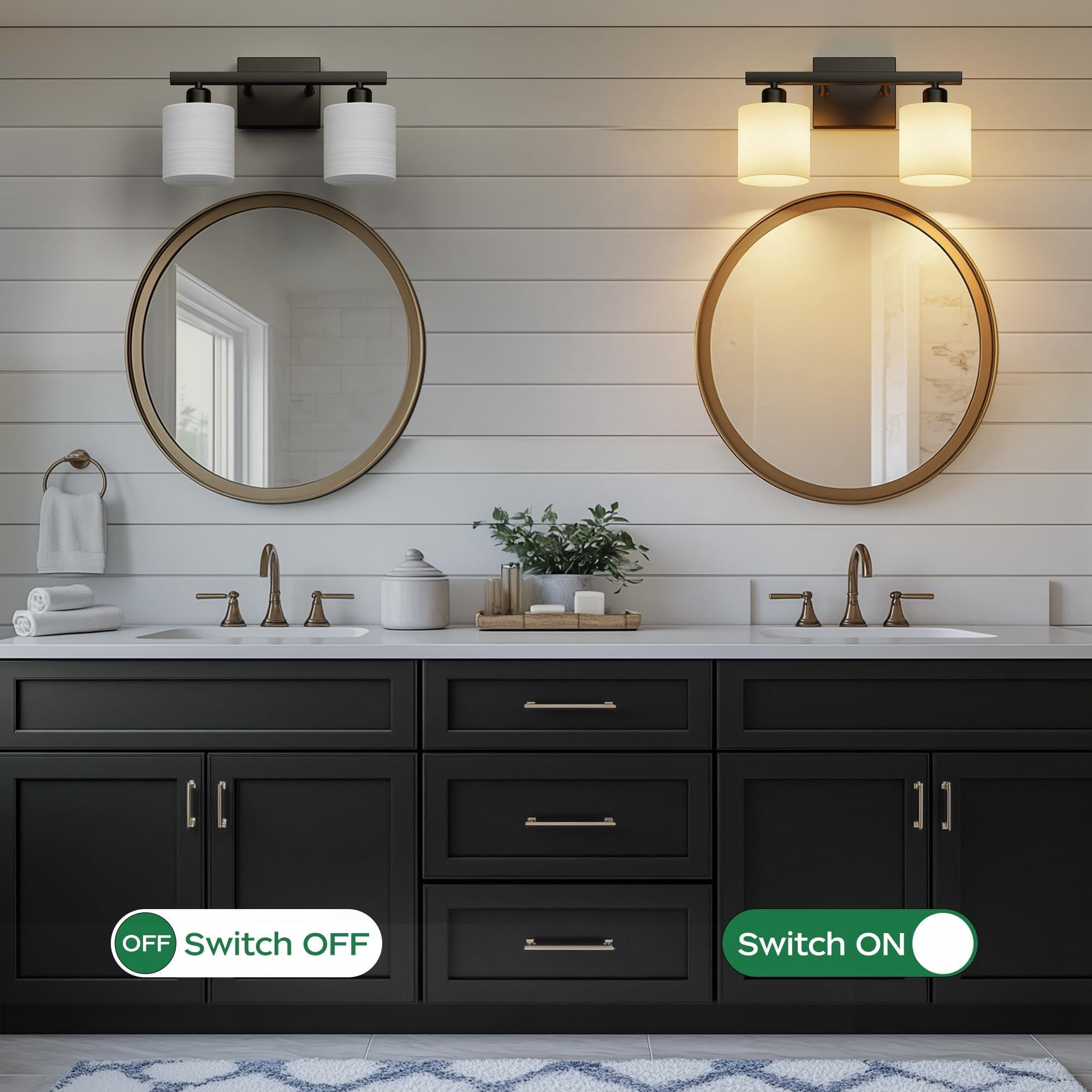 Bathroom Light Fixtures  Lighting Over Mirror Interior Classic Vanity Lights Modern With Textured White Glass Shade Matte Black 2-light