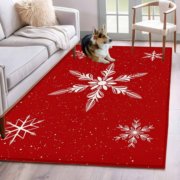 Red Christmas Area Rug 3x5 Washable Rug Non Slip Xmas Snowflake Winter Large Area Rug Indoor Floor Carpet for Entryway Bedroom Kitchen Living Room Home Office Dining Room Nursery