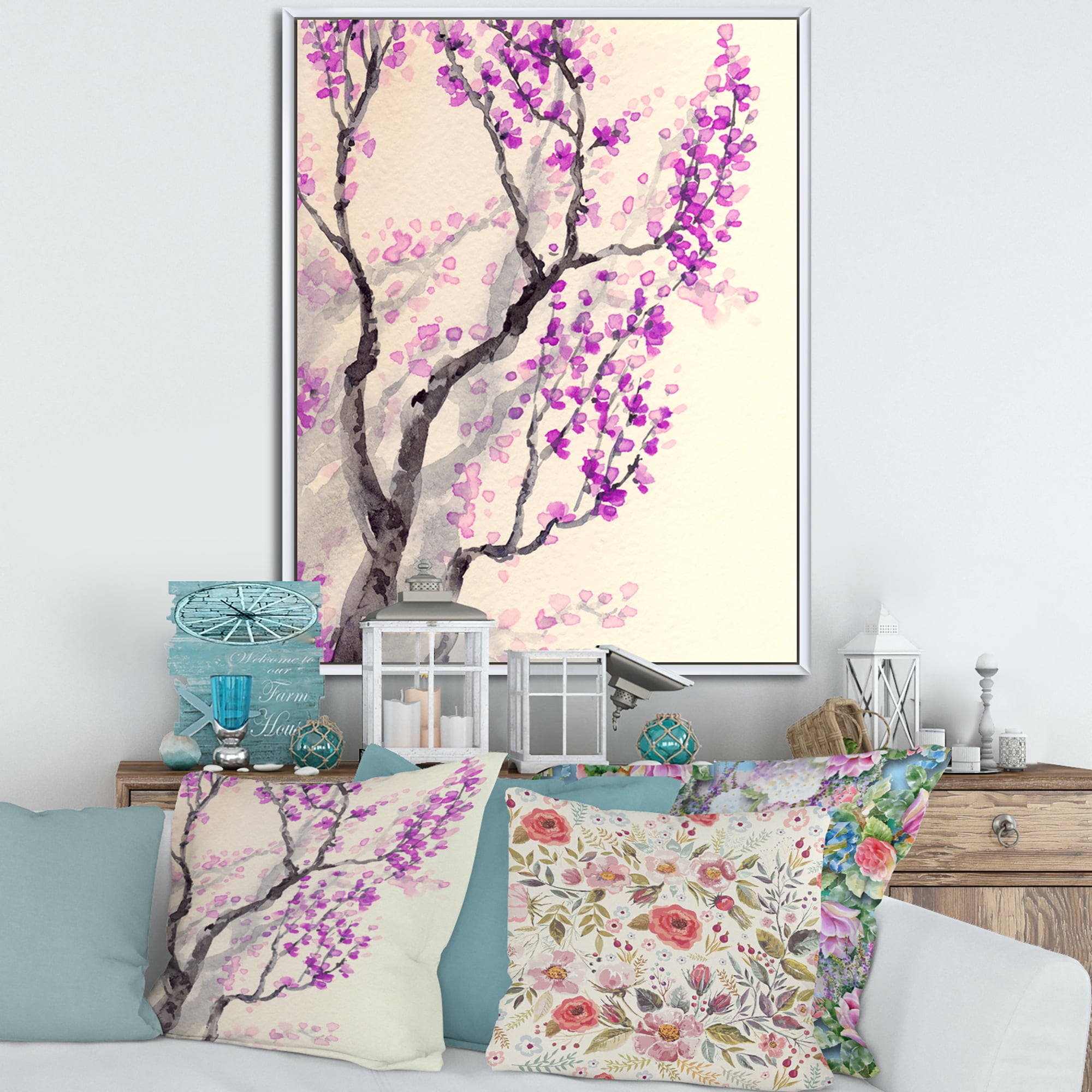 Designart 'Abstract Spring Purple Flowers On Tree Branches' Traditional Framed Canvas Wall Art Print