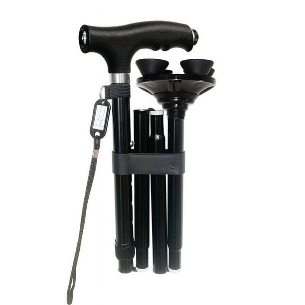 Bastón plegable de cuatro ruedas, bastón para hombre y mujer, bastón portátil con mango en T, altura ajustable, base antideslizante