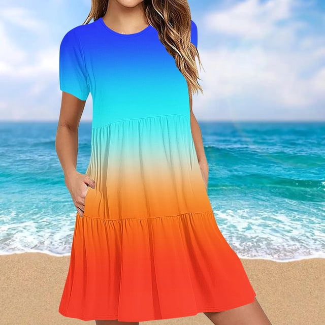 LOVZFMLL Robe T-Shirt d'Été Décontractée à Manches Courtes pour Femme, Mini-Robe à Étages avec Poches, Rouge Melon D\'eau, m