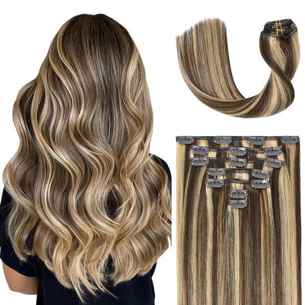 Ugotrays Extensiones De Cabello Con Clip Resaltado Marrón Chocolate A Rubio Caramelo 20 Pulgadas 2.47 Oz Extensiones De Cabello Humano Real Doble Trama 7 Piezas Para Mujeres #4P27 Marrón Resaltado Ext