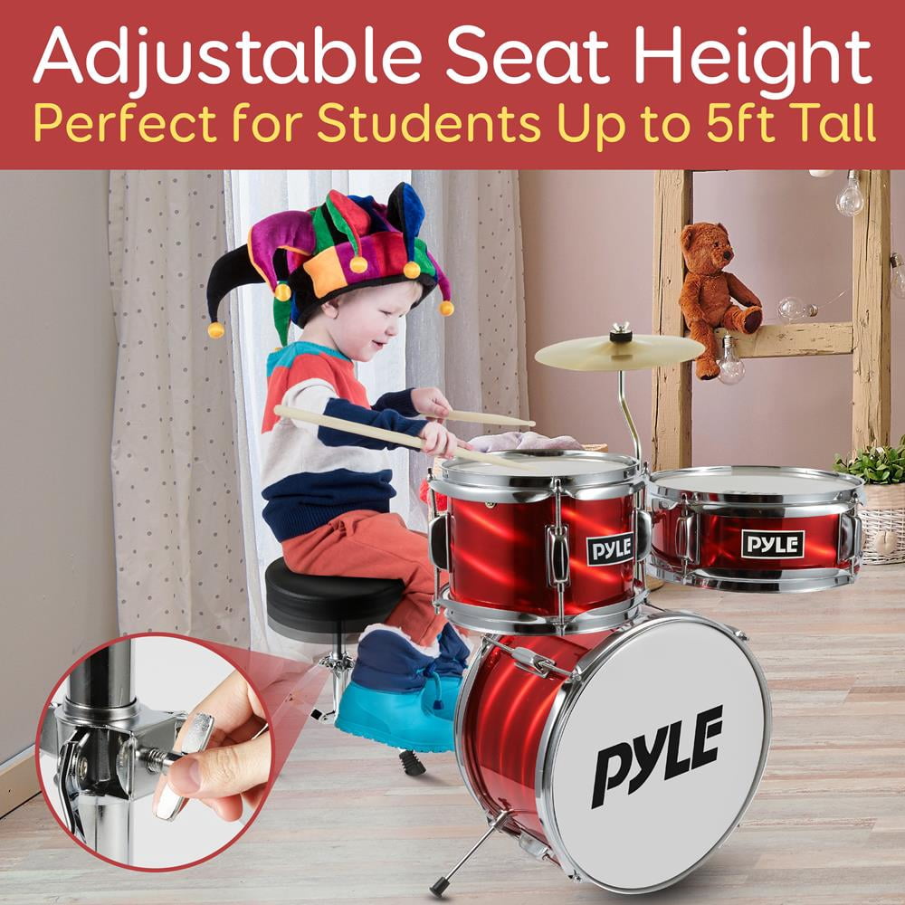 Pyle Drum Set for Kids - 3 Piece Beginner Drum Kit, Silencing Pads 13" Complete Junior Drummer Kit with Wooden Shells, Bass.