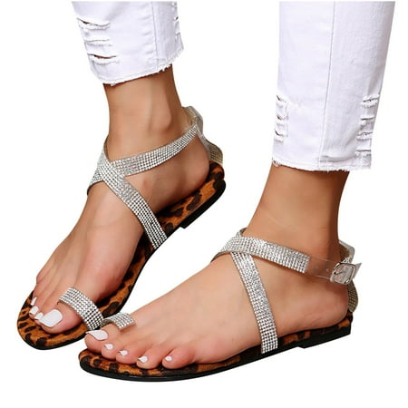 

YanHoo Clearance Rhinestone Flat Sandals Women Girls Dresssy Slip on Low Wedge Sandals Summer Shoes Cute Strappy Open Toe Slide Sandals
