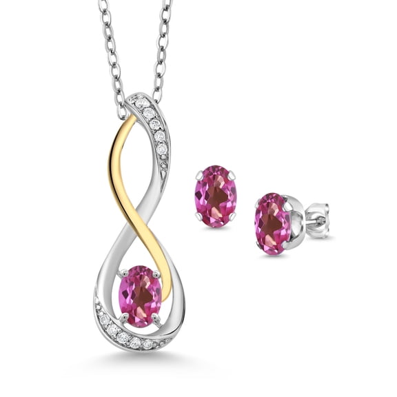 Gem Stone King 1.57 Ct Pink Mystic Topaz E-F Lab Grown Diamond 925 Silver and 10K Yellow Gold Infinity Pendant and Earrings Jewelry Set