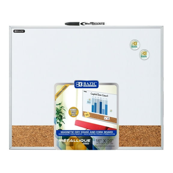 BAZIC Aluminum Framed Magnetic Dry Erase and Cork Combo Board 16" X 20", Black Marker, Magnets, 6-Pack