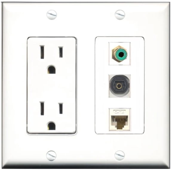 RiteAV - 15 Amp Power Outlet 1 Port RCA Green 1 Port Toslink 1 Port Cat6 Ethernet Ethernet White Decorative Wall Plate